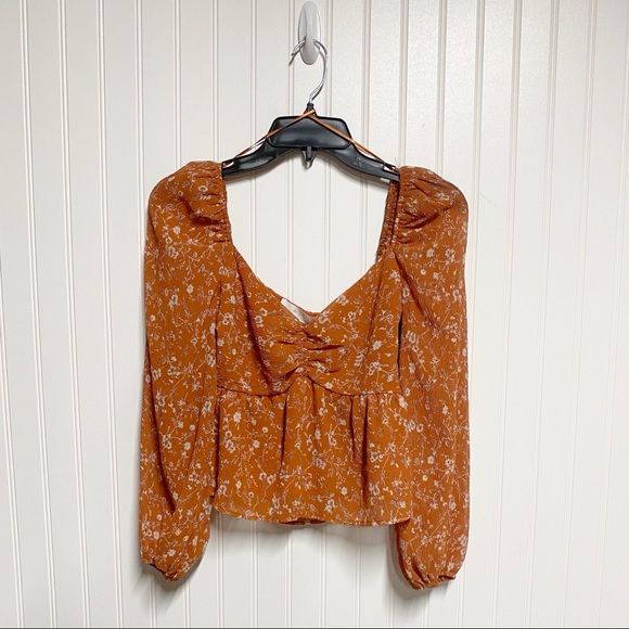 NWT ASTR The Label Rust Multi Floral Puff Sleeve Boho Sweetheart Top S XS - Picture 2 of 11